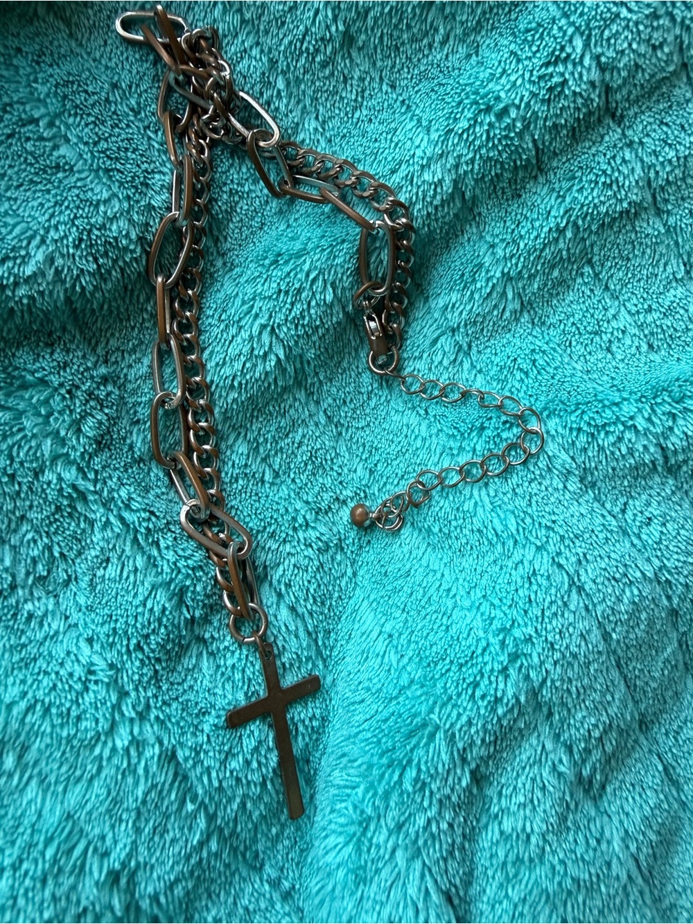 Silver Tone Layered Chain Cross Necklace Paperclip Curb Chain Christian Jewelry